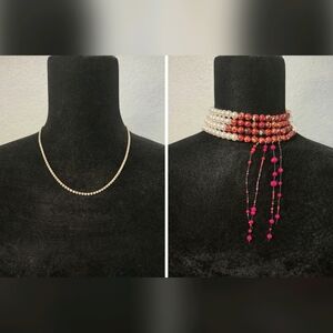 Elegant Multi-Strand Pearl and Red Bead Choker Necklace